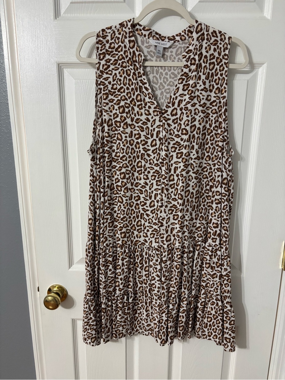 Nine West White and Brown Leopard Print Sleeveless Dress